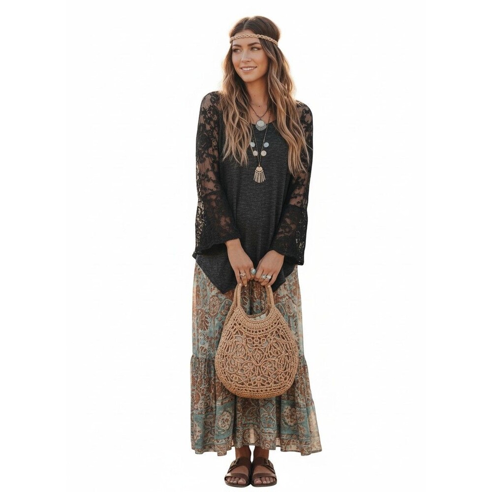 JW Style Top Womans Extra Large Grey Embroidered Lace Long Sleeve  Boho Peasant